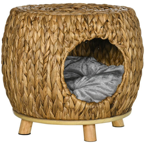 Natural Wicker Cat Basket - Rattan Cat Cave - Wicker Pet Bed with Cushion