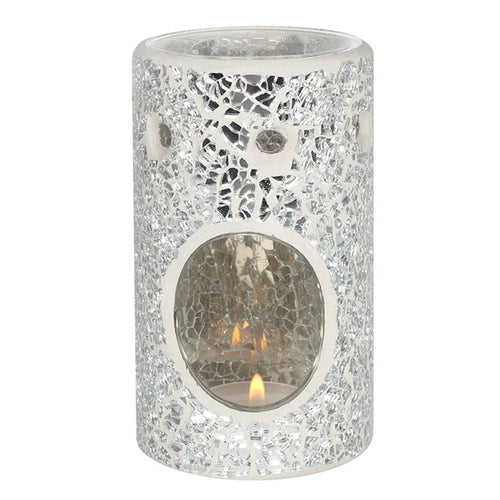 Oil Burner - Silver Pillar Crackle Glass Wax Melt Burner - Aromatherapy Diffuser