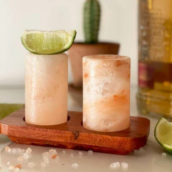 Himalayan Salt Shot Glasses & Wood Serving Stand - Gift Set of 2 or 4 3