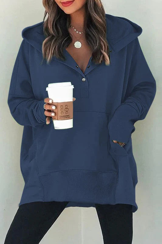 Henley Style Fall Hoodie - Navy