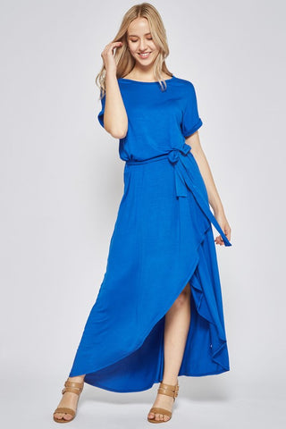Short Sleeve Belted High Low Dress - Royal Blue