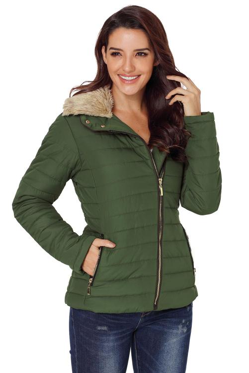 Faux Fur Collar Jacket - Olive Green