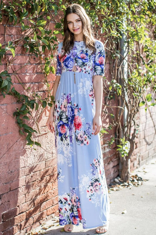 blue and white floral maxi dress