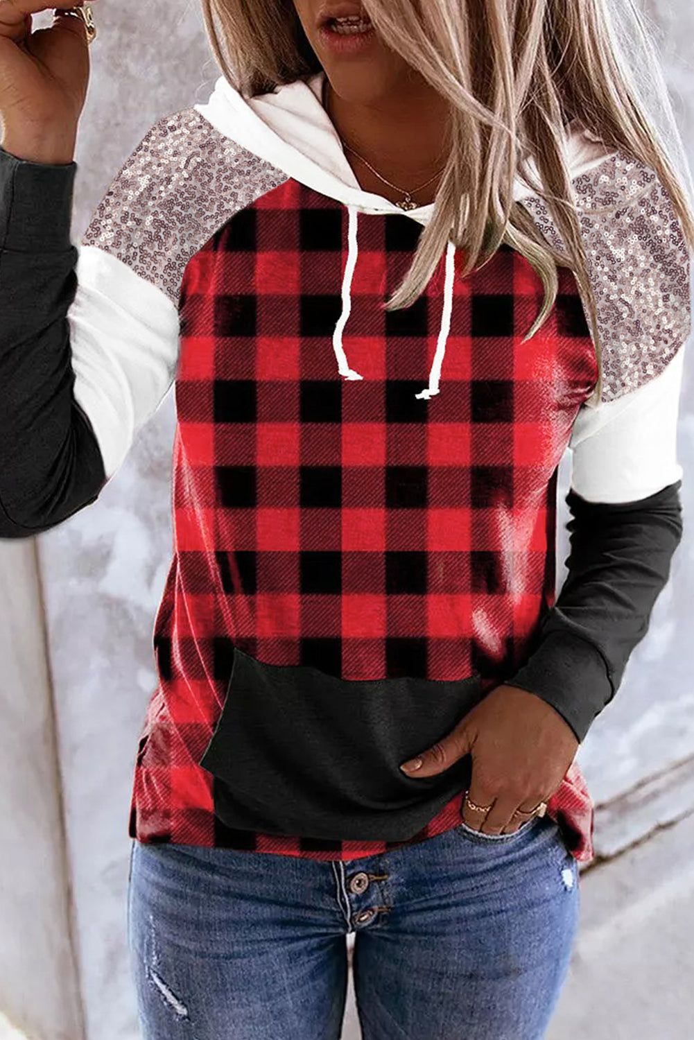 Sequined Buffalo Plaid Hoodie