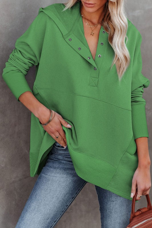 Henley Style Fall Hoodie - Kelly Green