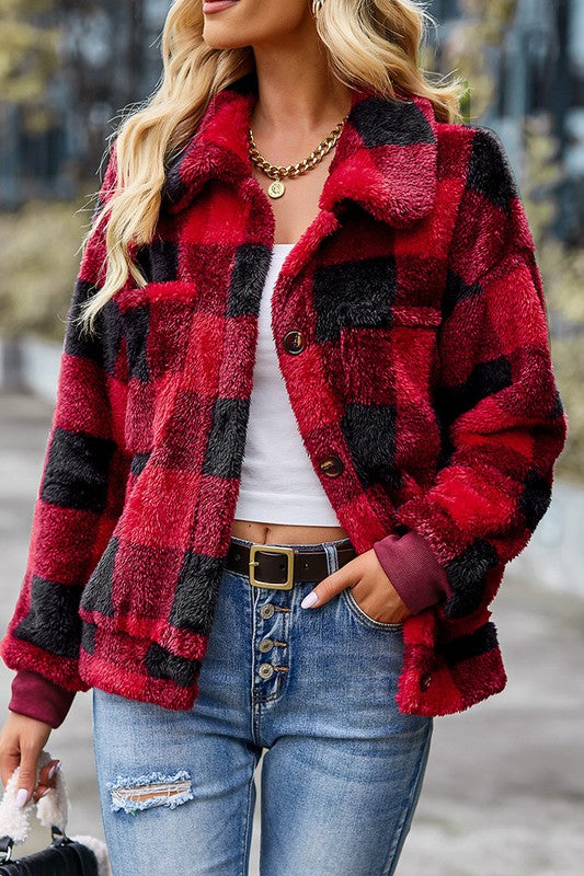 Collared Buffalo Plaid Jacket - Red