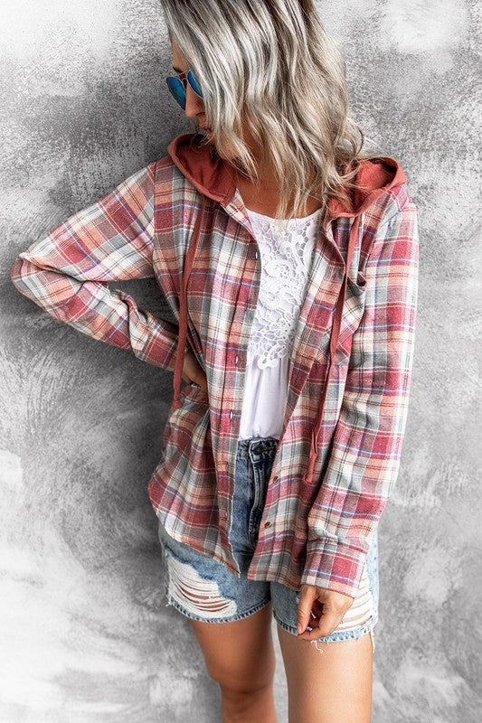 Lightweight Plaid Hooded Jacket - Dark Pink