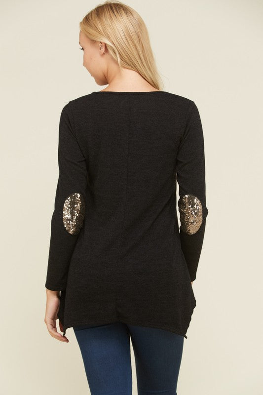 Top with Sequin Patches on Elbows - Black | Blue Chic Boutique