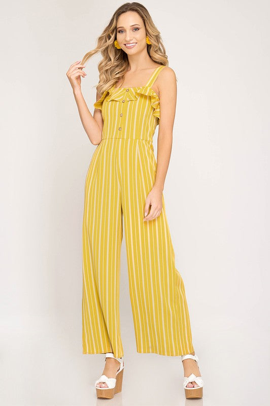 yellow and blue striped jumpsuit