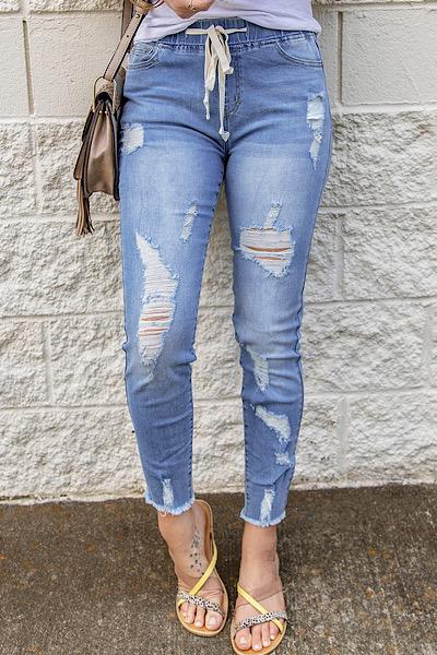 Elastic Waist Ripped Jeans - Light Denim