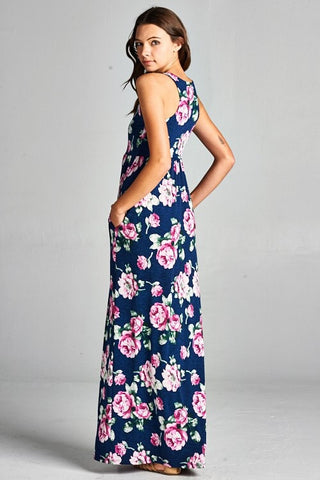 Garden Party Maxi Dress - Navy with Lavender Flowers | Blue Chic Boutique