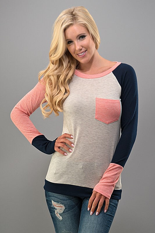 Mixed Color Baseball Tee - Taupe and Pink