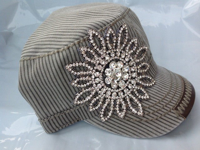 Gray Striped Cadet Hat with Rhinestone Flower