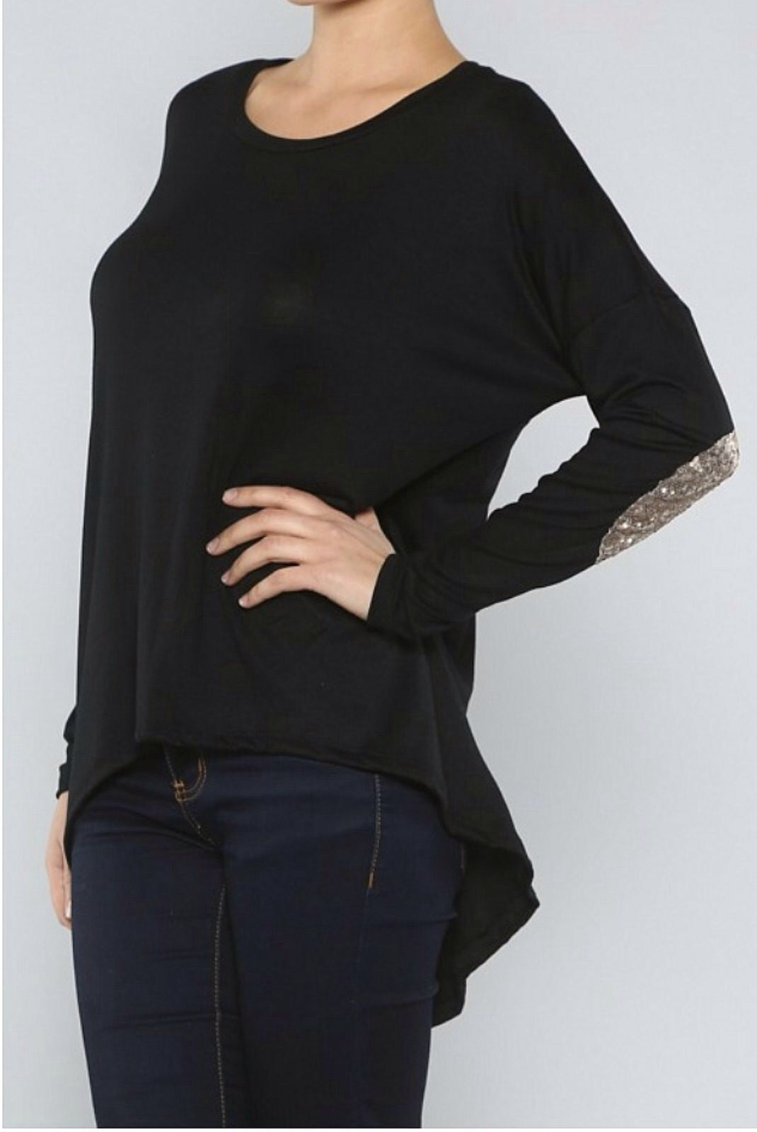 Top with Sequin Patches on Elbows - Black | Blue Chic Boutique