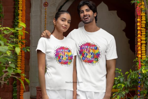 first holi couple t-shirt