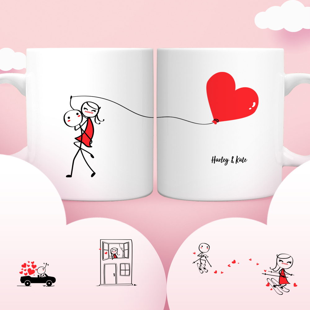 Saint Valentin Set Mugs Prenom Personnalise Pour Couple Ballon Cœur Mug Personnalise