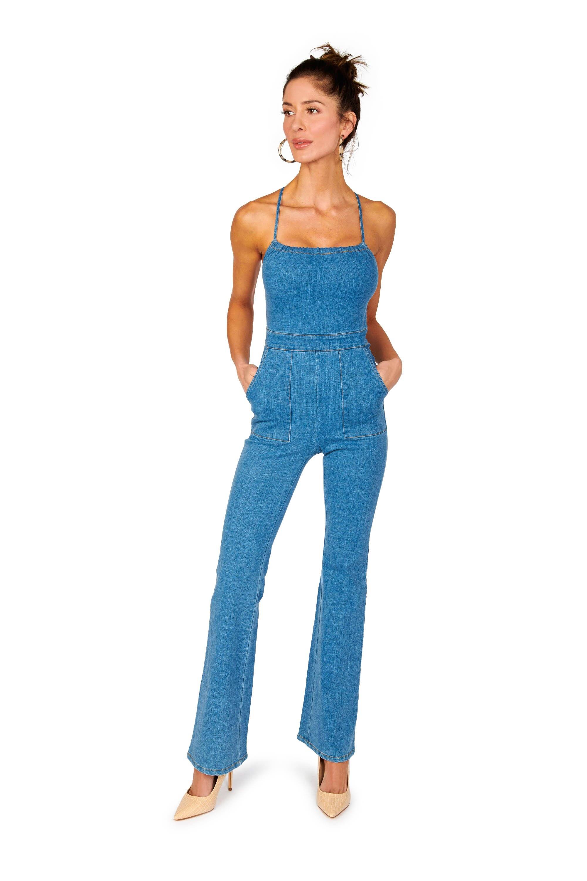 open back denim jumpsuit