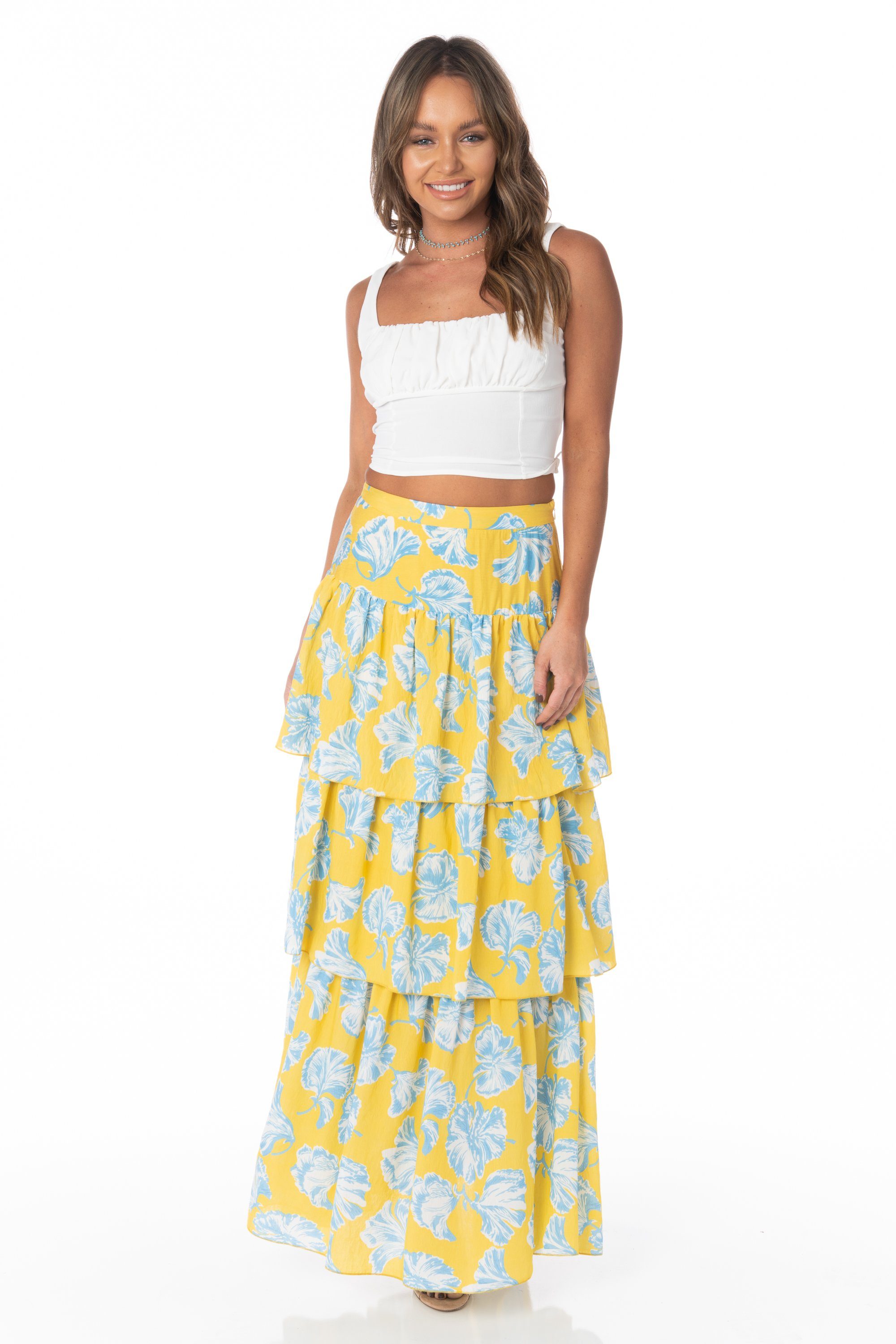 white and yellow maxi skirt