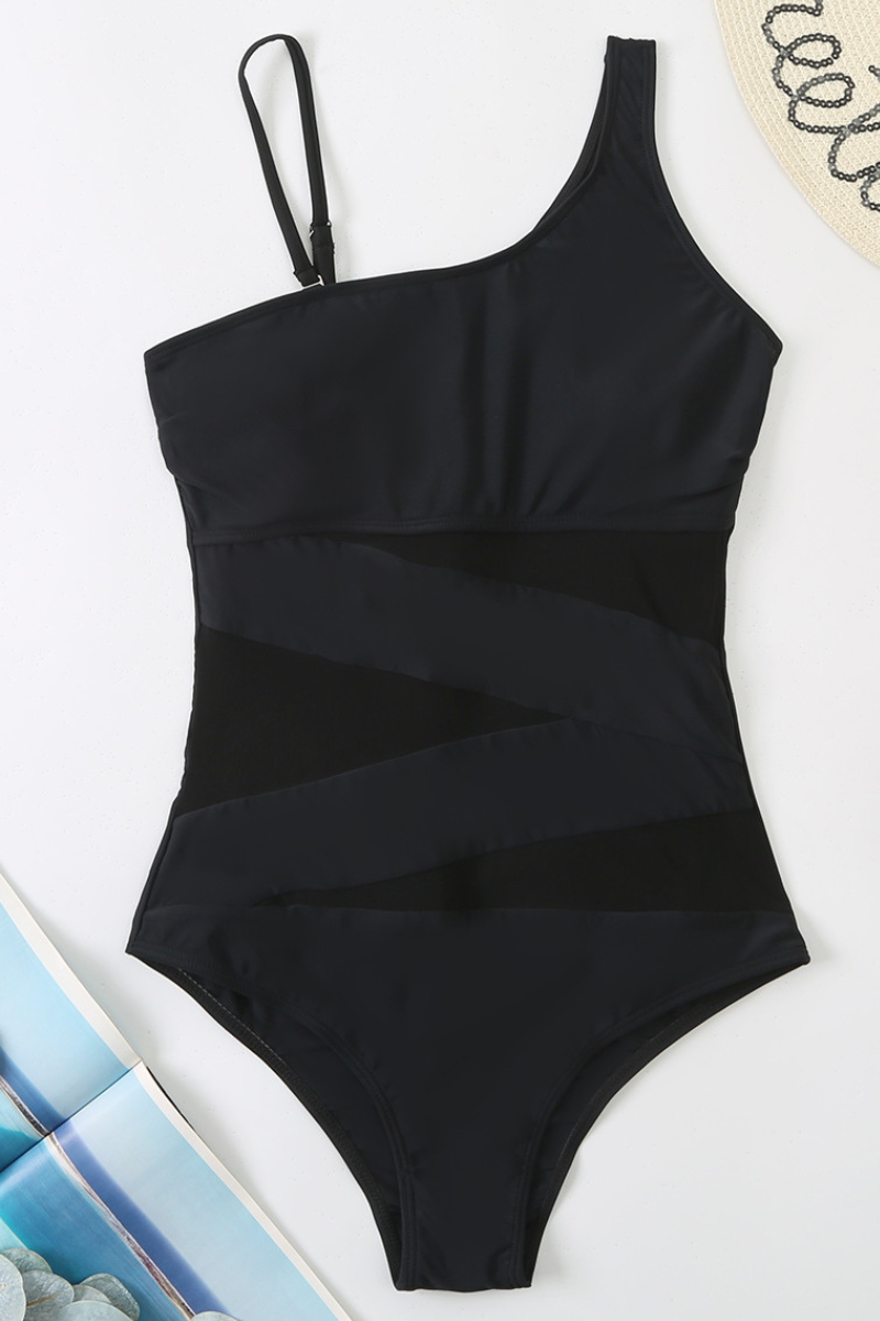 Solid Black One Shoulder Splicing Gauze One Piece Swimsuit – Glowy Gal