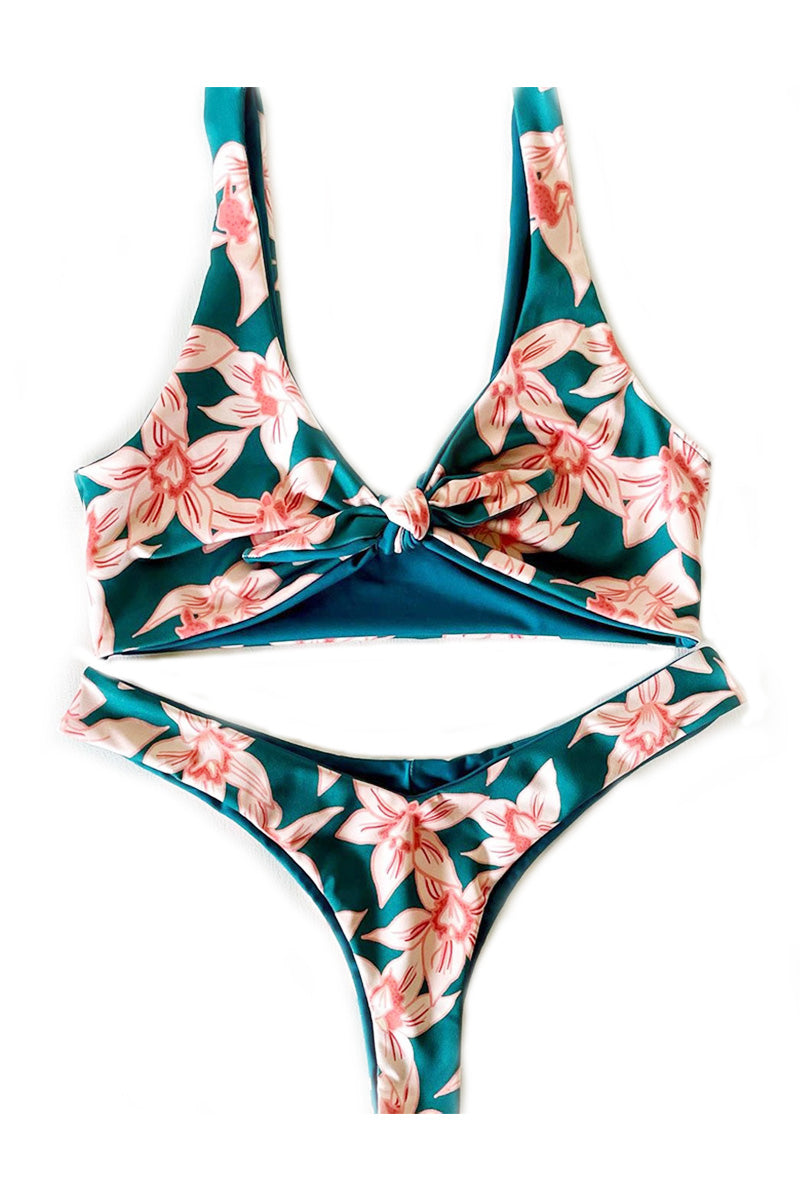 Teal Blue Pink Flower Print Knot Front Bikini Set – Glowy Gal