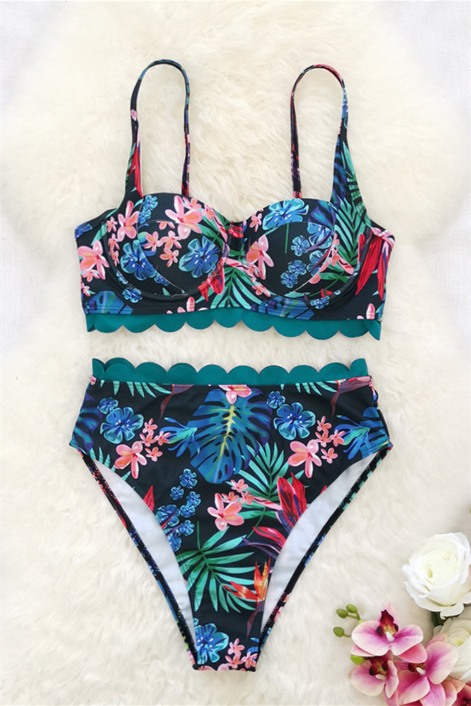 Tropical Print Scalloped High Waist Bikini Set Swimsuit – Glowy Gal