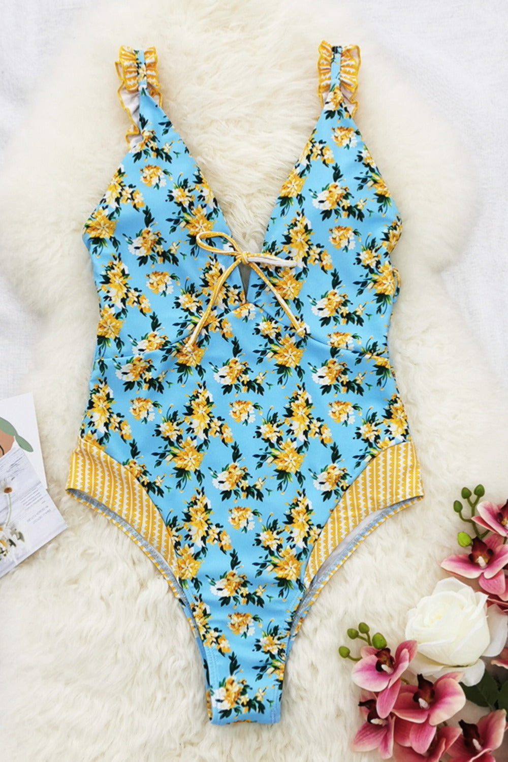 Blue Yellow Floral Print V Neck One Piece Swimsuit – Glowy Gal
