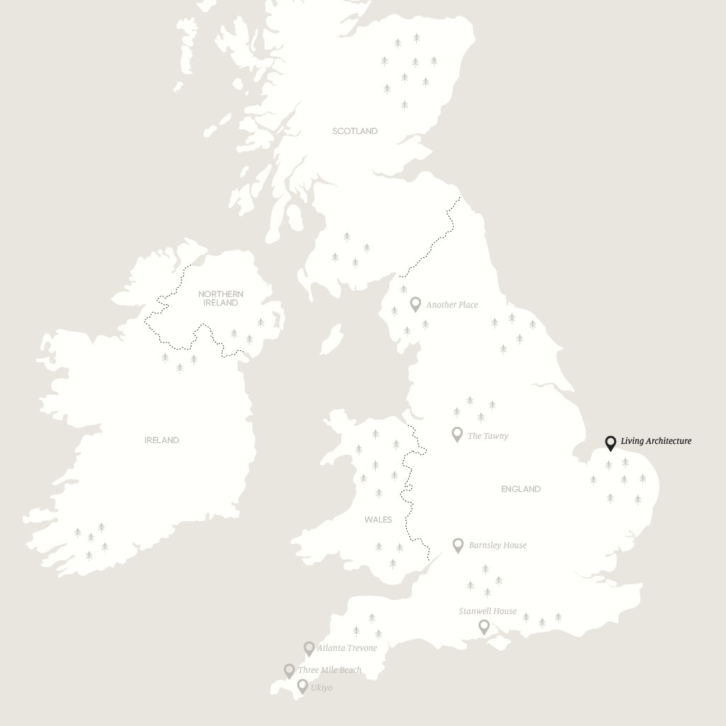 UK map showing Living Architecture in NE England.