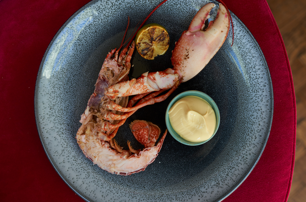 Plated lobster with charred lime and aioli at Stanwell House Hotel. 