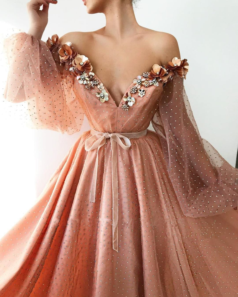 Buy Stunning Long Sleeve Sexy Off the Shoulder Tulle Beading Prom ...
