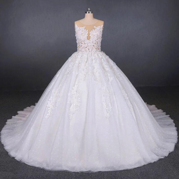 Buy Princess Ball Gown Sheer Neck White Wedding Dresses Lace Appliqued ...