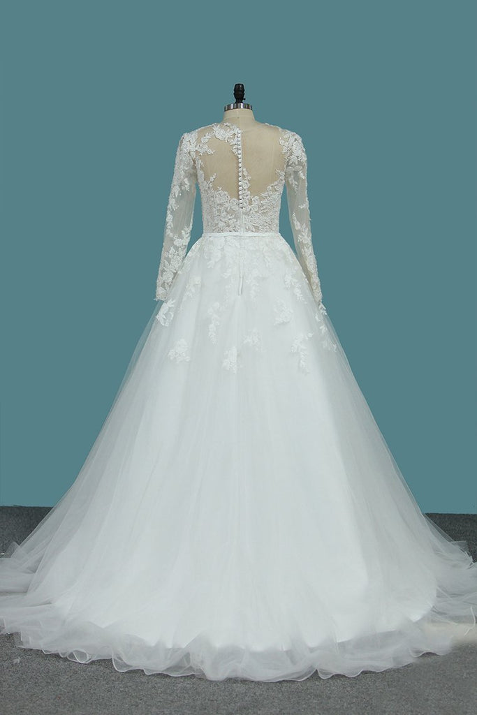 Long Sleeves Scoop Tulle A Line Wedding Dresses With Applique Court