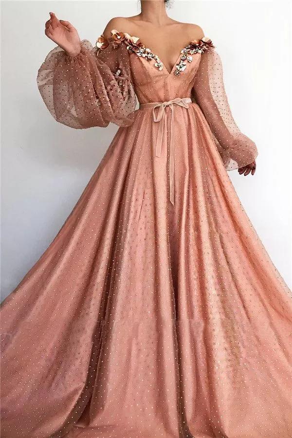 long sleeve beaded prom dress