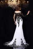 Long Sleeves Prom Dresses Boat Neck Spandex With Applique Sweep Train