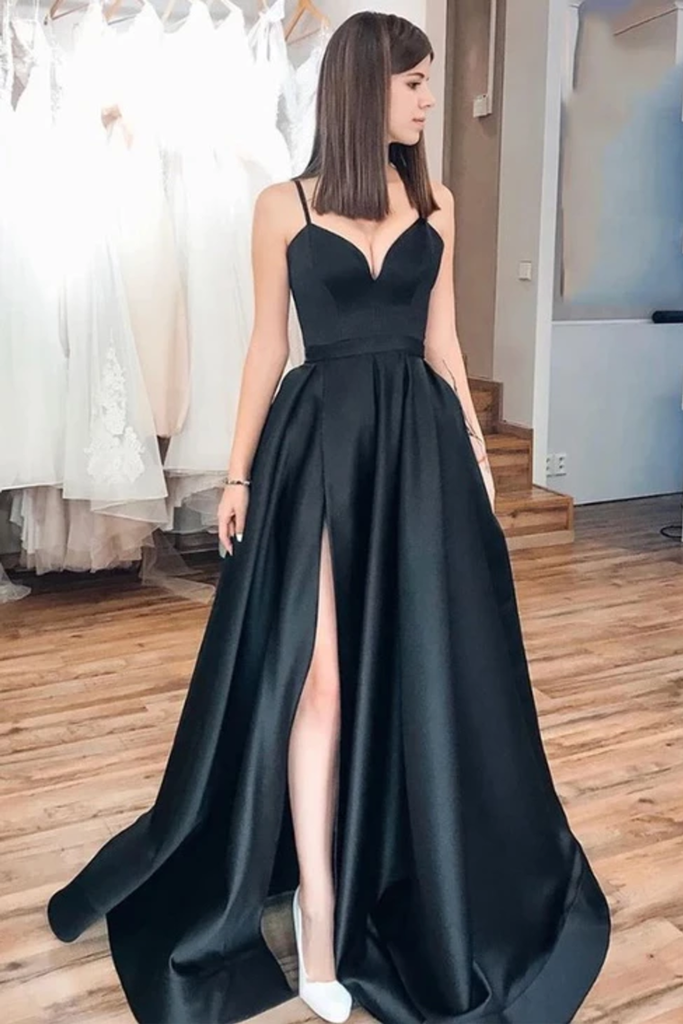 Buy Cheap Black Spaghetti Straps Split Long Satin Prom Dress A Line ...