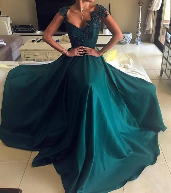 Buy Elegant Beaded Peacock Green V Neck Long Satin Open Back Prom ...