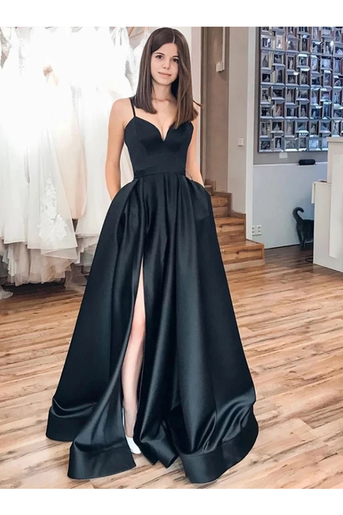 Buy Cheap Black Spaghetti Straps Split Long Satin Prom Dress A Line ...