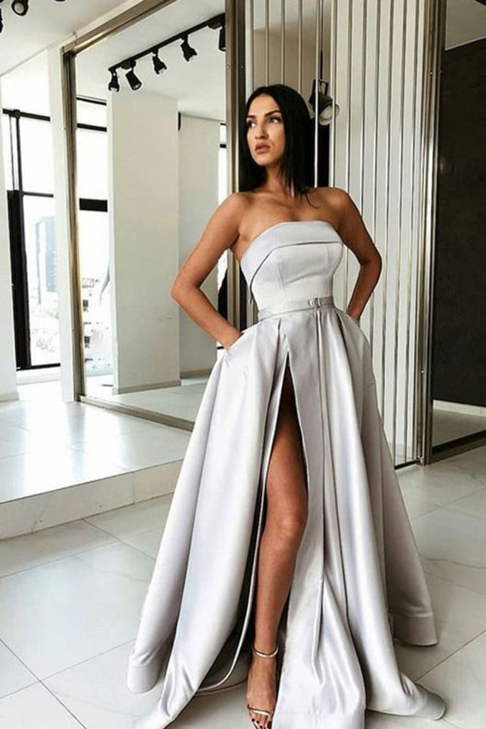 Buy Elegant Strapless Long Silver Satin Simple Prom Dresses With Online ...
