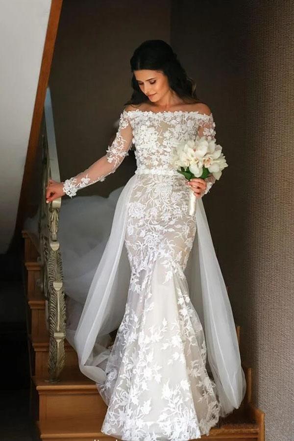 long sleeve wedding dress with detachable train