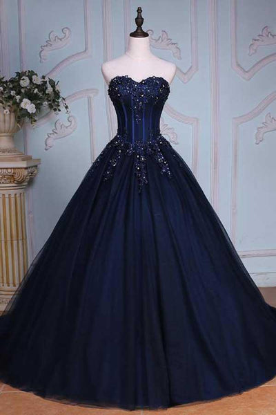 Buy Princess Ball Gown Sweetheart Navy Blue Beads Ruffles Long Tulle ...