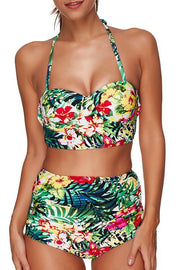 Allovely Tropical Floral Printed Halter Neck Bikini