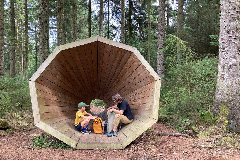 people sitting inside wooden horn sculpture in forest