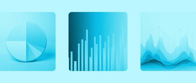 E-commerce analytics: een blauwe cirkeldiagram, staafdiagram en lijndiagram op een lichtblauwe achtergrond.