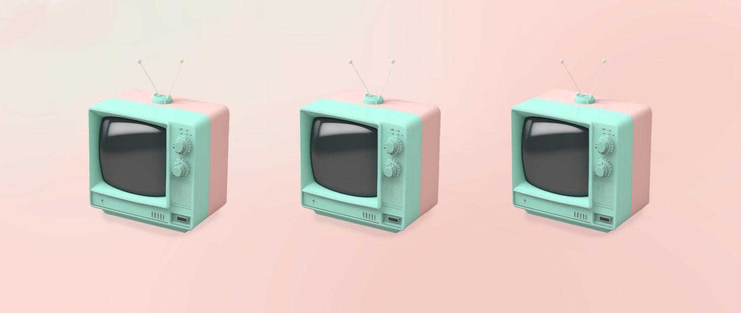 Grafiek van drie retro televisies voor een roze achtergrond