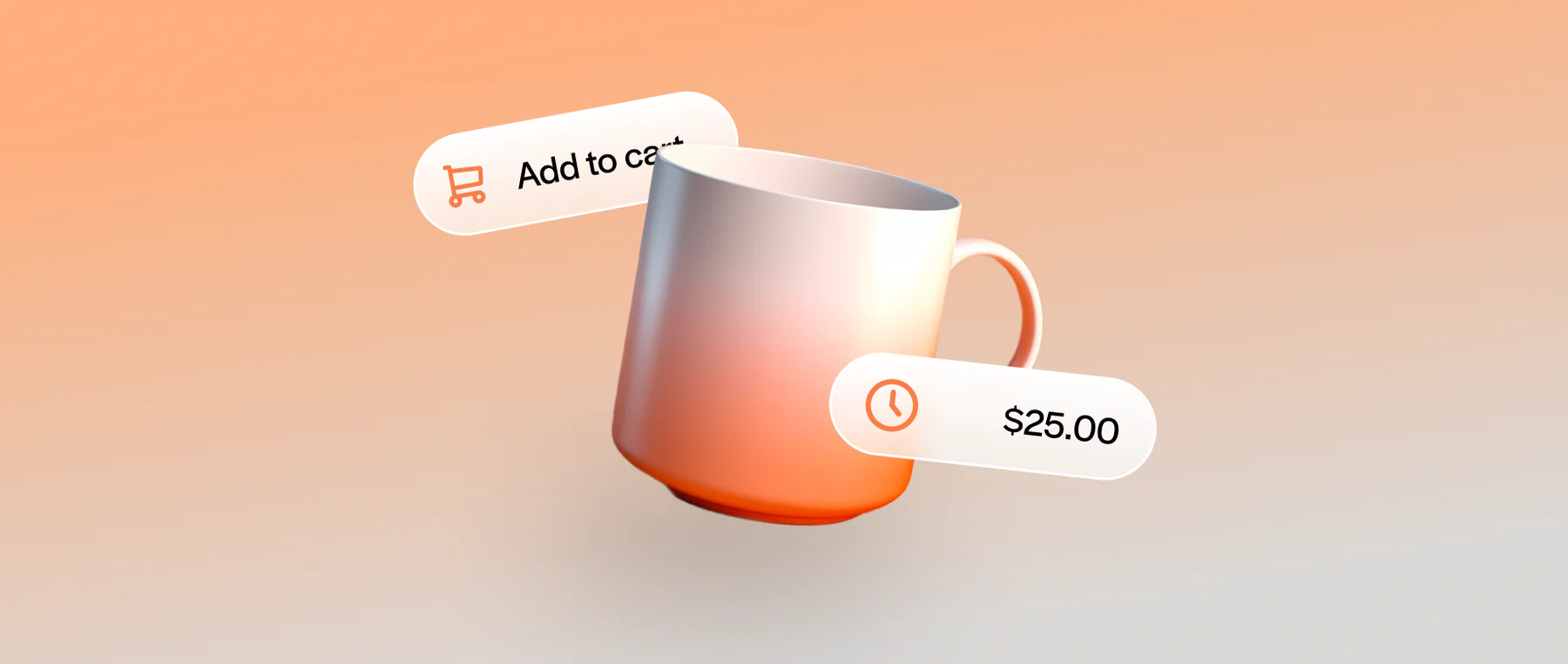 ombre koffiemok met klok-pictogram + prijs en pictogram van winkelwagentje, dat achteraf betalen aangeeft