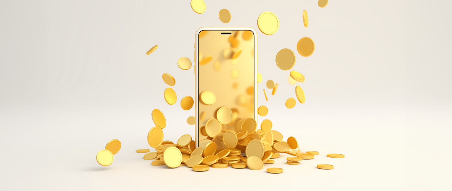 Een telefoon met gouden munten die het verdienen van geld op Snapchat symboliseren