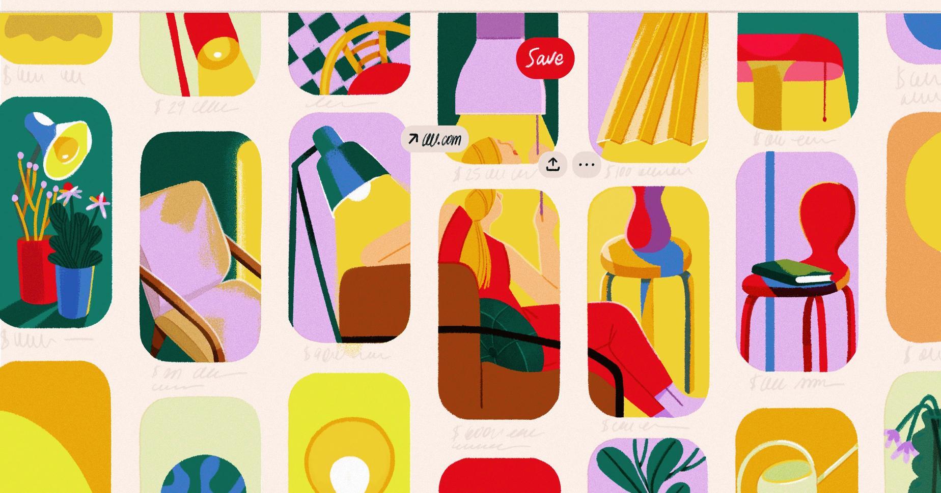Illustratie van een Pinterest feed met kleurrijke pins.