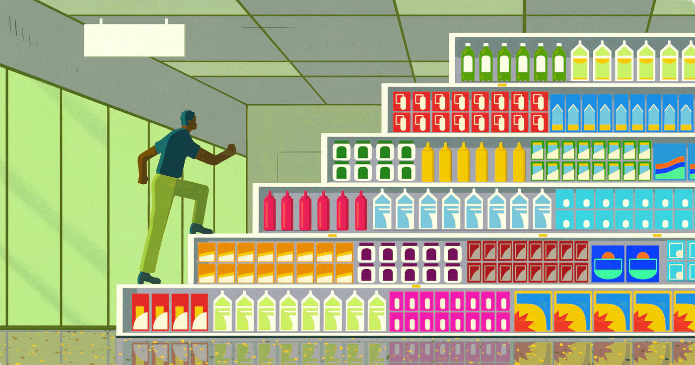 persoon die omhoog loopt langs stappen die eruit zien als schappen van een supermarkt: productontwikkeling