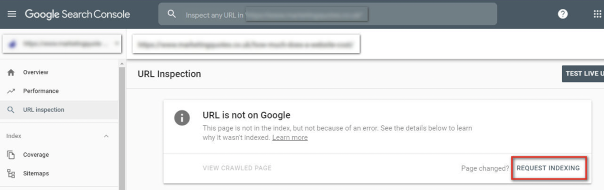 Screenshot van Google Search Console: URL inspectie