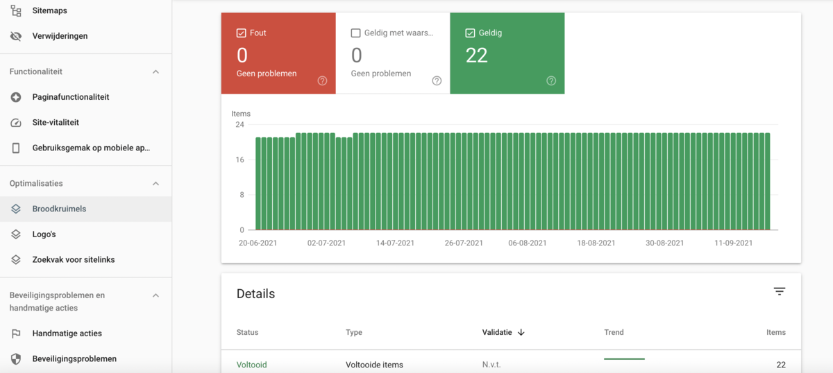 Screenshot van Google Search Console: Optimalisaties en broodkruimels