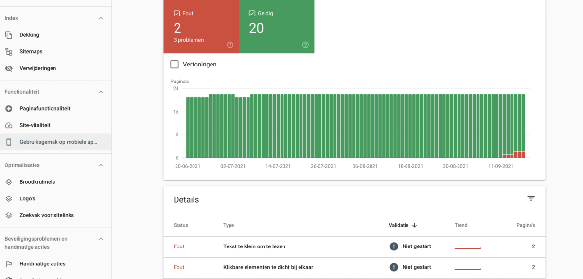 Screenshot van Google Search Console: Gebruiksgemak op mobiele apparaten